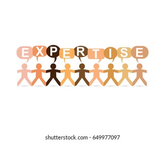 Expertise word in speech bubbles with cut out paper people chain in different skin tone colors