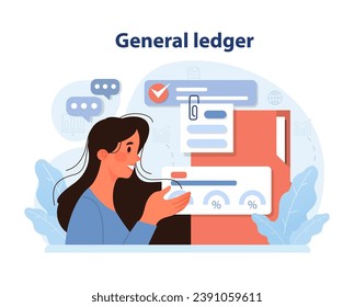 Expertly navigating the general ledger. Woman interacts with digital financial records, percentages, and checkmarks. Comprehensive bookkeeping insight. Flat vector illustration.