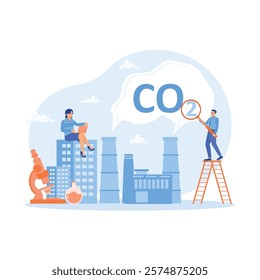 Experts analyze carbon emissions from industrial smokestacks. Environmental sustainability and climate awareness. Circular Economy concept. Flat vector illustration.