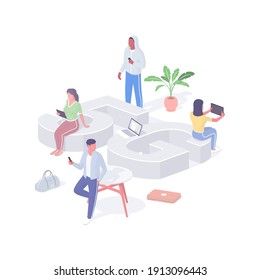 Experts check 5g connection isometric illustration. People with tablets and smartphones testing speed quality of new network. Global powerful internet line improved capabilities realistic vector.