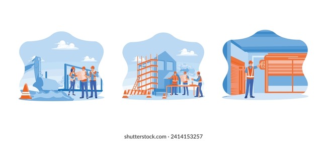 Experts inspect commercial building construction sites concept. Three experts plan the details of the development plan. They check the progress of construction at the construction site. 