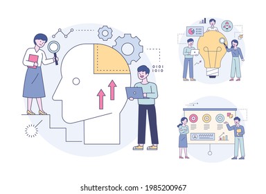 Experts looking into the human brain and analyzing idea marketing. Outline flat design style minimal vector illustration set.