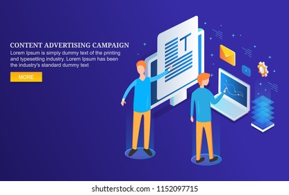 Experts promoting content on web, content marketing concept 3D isometric banner isolated on blue background