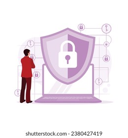 IT experts protect clients' confidential information and cyber security. The hologram padlock icon on the laptop screen. Cyber ​​Security Concept. trend modern vector flat illustration