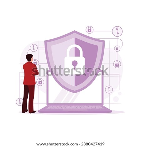 IT experts protect clients' confidential information and cyber security. The hologram padlock icon on the laptop screen. Cyber ​​Security Concept. trend modern vector flat illustration