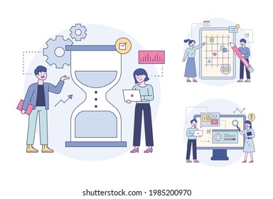 Expertos que establecen lentes de arena y planifican y analizan. Esquema de diseño plano estilo de ilustración vectorial mínimo conjunto.