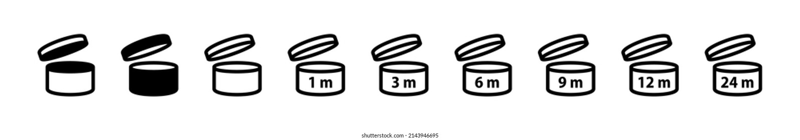 Expiration date after product opening symbols. Shelf life sign for label of product. Period 1, 3, 6, 9, 12, 24 mounts shelf life. Vector illustration isolated on white background. PAO symbols set.