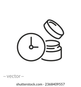 fecha de caducidad del icono del paquete abierto, tarro y reloj abierto, símbolo de línea delgada - ilustración del vector de trazo editable