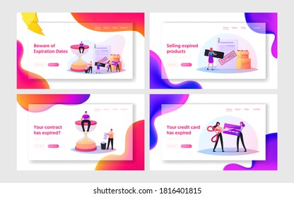 Expiration Landing Page Template Set. Tiny Male Female Characters at Huge Hourglass, Boxes with Spoiled Food. Woman Cutting Expired Card with Scissors. Time is Up. Cartoon People Vector Illustration