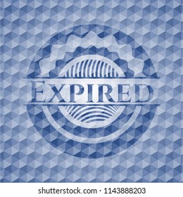 Expired blue emblem or badge with abstract geometric pattern background.