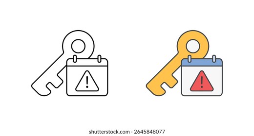 Ícone de alerta de credenciais expiradas com chave, ponto de exclamação e calendário, em estilos de estrutura de tópicos e cores, ideal para ilustrar o acesso desatualizado a contas, senhas expiradas e notificações de segurança de TI.