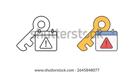 Expired credentials alert icon with key, exclamation mark, and calendar, in outline and color styles, ideal for illustrating outdated account access, expired passwords, and IT security notifications.