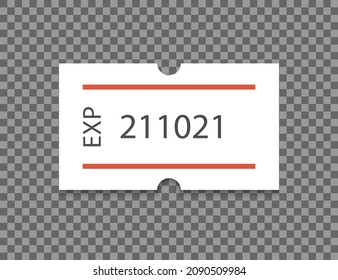 Expired date self-adhesive paper tag with two red stripes. Best before. Price label. White sticker to indicate the expiration date. Vector illustration isolated on transparent background.
