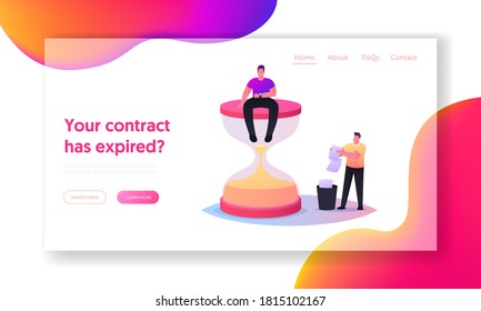 Expired Document Landing Page Template. Tiny Male Character Sitting on Huge Hourglass Looking on Wrist Watch, Man Throw Out Paper with Irrelevant Info to Litter Bin. Cartoon People Vector Illustration