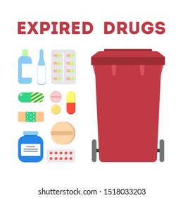 Expired drugs garbage. Trash container for medicine pills only. Idea of ecology and garbage separation. Isolated vector illustration in flat style