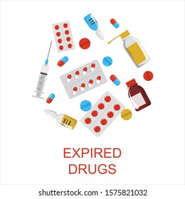 Expired drugs set vector isolated.. Separate your garbage concept. Medicine material.