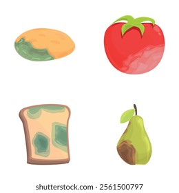 Expired food icons set cartoon vector. Spoiled and damaged product. Organic food waste