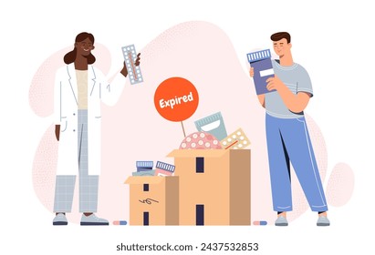 Expired medicines concept. Man and woman near cardboard boxes with tablets. Doctors with bad pills. Pharmacy workers with goods. Cartoon flat vector illustration isolated on white background