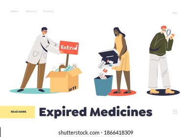 Expired medicines landing page concept with people checking and throwing out of date pills and drugs. Cartoon characters doctors examining medical treatment. Flat vector illustration