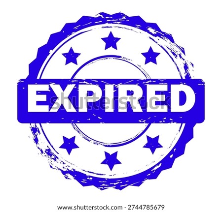 Expired rubber stamp vector icon with blue grunge texture and stars in circular frame isolated on white background for business deadline and validity expiration concept
