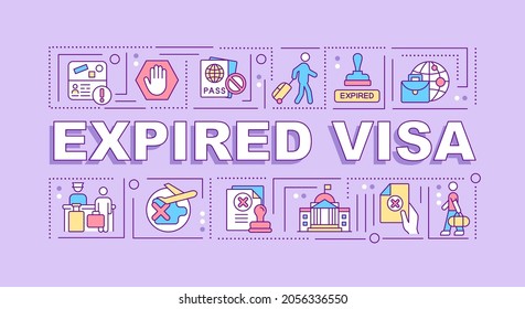 Expired visa word concepts banner. Official removal from country. Infographics with linear icons on purple background. Isolated creative typography. Vector outline color illustration with text