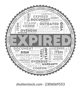 Expired word image. Expired concept with word clouds and round text. Nice colors and grunge texture. Cool vector illustration.