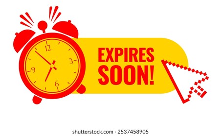 Expires soon notification web button, action required reminder icon on white background. Vector warning banner for expiring product or service.