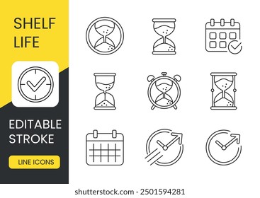 Expiry date and service life vector line icon set with editable stroke