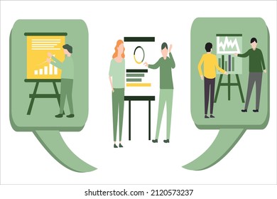 explain board performance concept set, leader coaching, business presentation set, manager communication, flat design vector