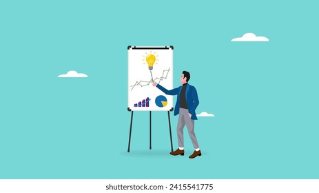 explain an idea or solution for business growth, analysis of economic growth graphs, strategy to achieve business success, businessman explaining business strategy on white board with business graph