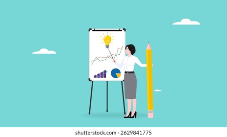 explain an idea or solution for business growth, smart businesswoman explaining business strategy on white board with business graph
