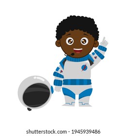 EXPLAIN POINTS UP EXPRESSION astronaut KID BLACK BOY NOT USE HELMET VECTOR digital design graphic 2d HD illustration