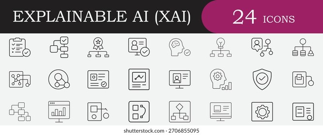 Explainable AI (XAI) Outline Icon Set. Containing algorithm, data, security, ethics, flow, and transparency symbols. Editable vector icon for technology and future concepts.
