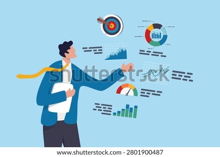 Explainer presenting presentation with data analysis graph, chart diagram, showing information demonstrate performance communicate, businessman with tablet explain details of chart and graph data.
