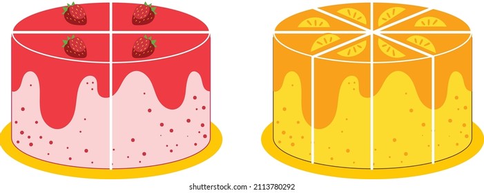 Explaining the expression of fractions in mathematics by considering 2 sliced ​​cakes in red and yellow