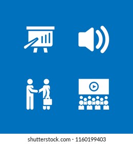 explaining icon. 4 explaining set with meeting, class and speaker vector icons for web and mobile app