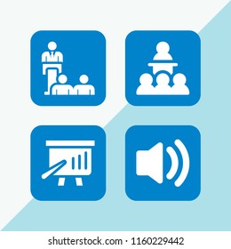 explaining icon. 4 explaining set with speaker, class and conference vector icons for web and mobile app