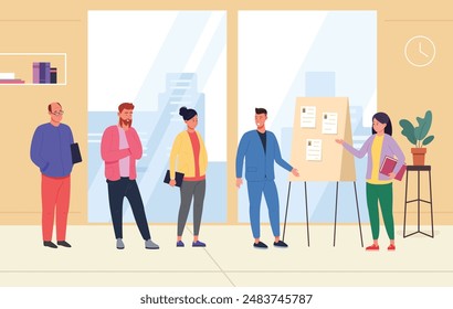 Explaining manager. Woman and man team manager or business coach at clipboard explains work processes, meeting whiteboard presentation company training lecture vector illustration