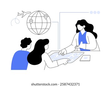 Explaining the route isolated cartoon vector illustrations. Travel agency worker talks to clients, vacation guidance, hospitality business, professional people, travel service vector cartoon.