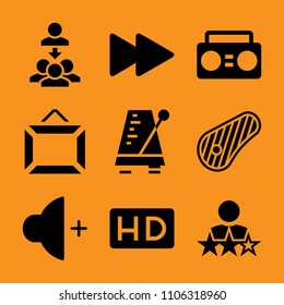 explaining, university, practice, project, media and old icon vector set. Flat vector design with filled icons. Designed for web and software interfaces