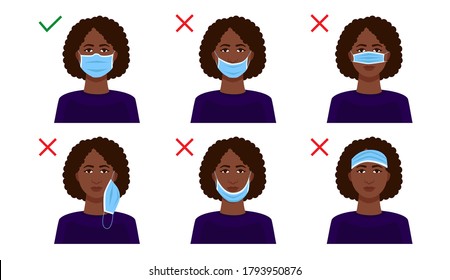 Explanation of how to wear a medical mask on your face correctly. Rules for protection during a coronavirus pandemic.