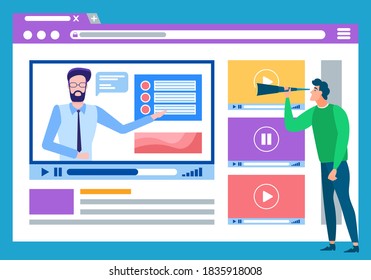 Explanation of material of subject vector, business education online, tutor on video talking on discipline details. Man learning info on distance courses