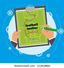 explanation of the team football tactics. presentation tactics during the game. alignment of the team on the field. vector illustration in plosm style. the first person.