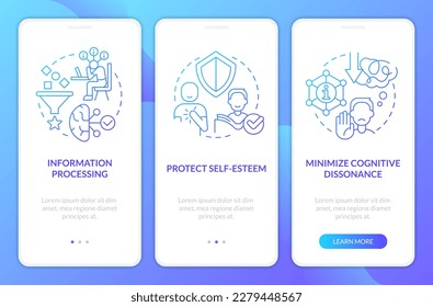Explanations of confirmatory bias blue gradient onboarding mobile app screen. Walkthrough 3 steps graphic instructions with linear concepts. UI, UX, GUI template. Myriad Pro-Bold, Regular fonts used