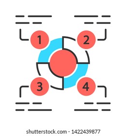 Explanatory diagram color icon. Statistics data visualization. Ring divided into 4 sectors. Four parts of whole. Information symbolic representation. Isolated vector illustration