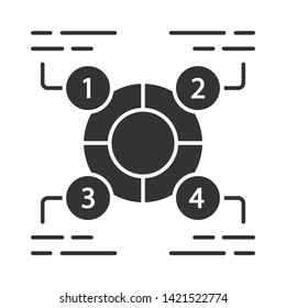 Explanatory diagram glyph icon. Statistics data visualization. Ring divided into 4 sectors. Information symbolic representation. Silhouette symbol. Negative space. Vector isolated illustration