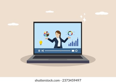 Explanatory video training course, skill explaining online business strategy, video clip or tutorial, expert businessman explaining business pie chart in video interface. Illustration of a successful.