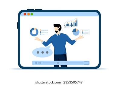 Explanatory video tutorials or online training courses, expertise explaining online business strategy, educational films or videos, entrepreneur expert explaining business pie chart in video interface