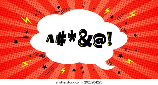 Expletive in cloud-shaped speech bubble with stars and lightings. Comic halftone background