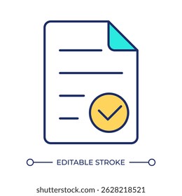Explicit writing consent line color icon. Approved legal agreement. Official paper with tick mark. Business deal. Isolated vector illustration. Flat colorful symbol design. Editable stroke